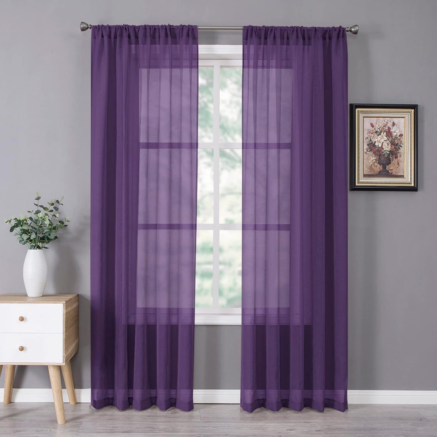 Tollpiz Sheer Curtain Linen Textured Bedroom Curtains Sheer Light Filtering Rod Pocket Voile Curtain for Living Room, 54 x 95 inches Long, Royal Purple, Set of 2 Panels