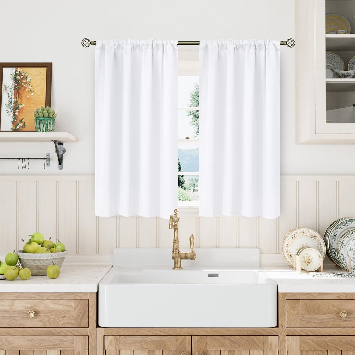 BGment Rod Pocket White Curtains 48 Inches Length for Kitchen Bathroom Window - Privacy Protection Short Window Treatment Drapes for Cafe Bedroom Home Decor, 2 Panels, Pure White, 42 x 48 Inch