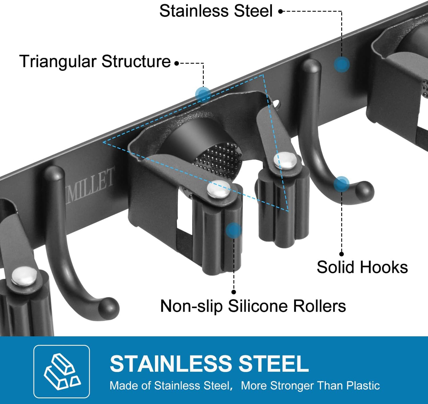 IMILLET Broom and Mop Holder Wall Mounted, Stainless Steel Broom Organizer Heavy Duty Tools Organizer Self Adhesive Mop Holder for Home Laundry Room Garage Garden (4 Racks and 5 Hooks)