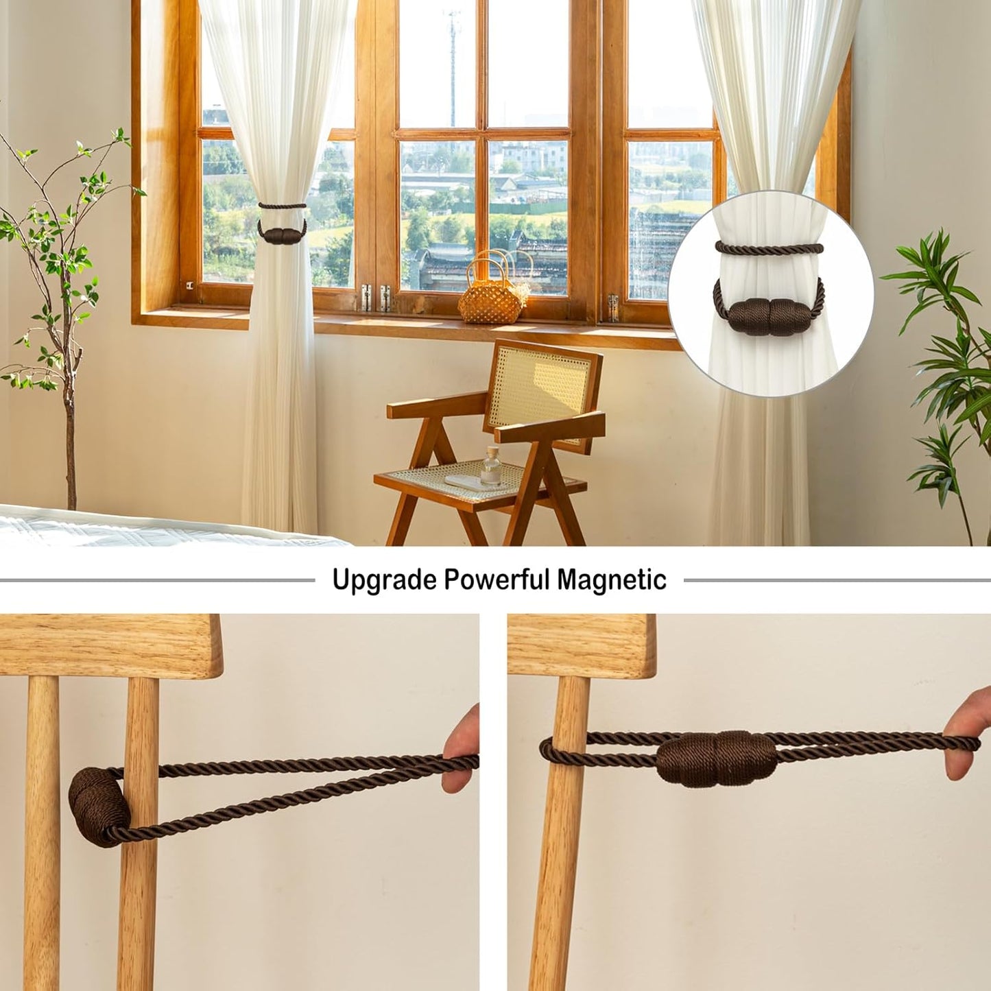 Magnetic Curtain Tiebacks Rope Curtain Tie Backs for Curtains 8 Pack Curtain Holders for Drapes Decorative Window Curtain Holdbacks, Coffee