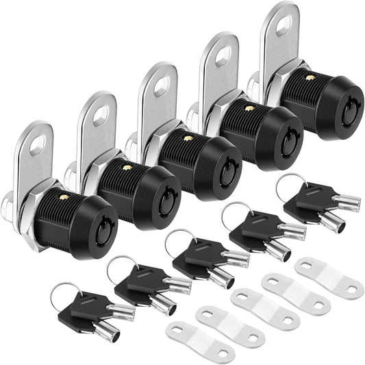 PTEROMY 5 Pack Cabinet Lock with Keys, 5/8'' Heavy Duty Tubular Cam Lock for RV Compartment Storage Locks, Full Set of RV Cam Locks (Black, 5/8'', 5 Pack)