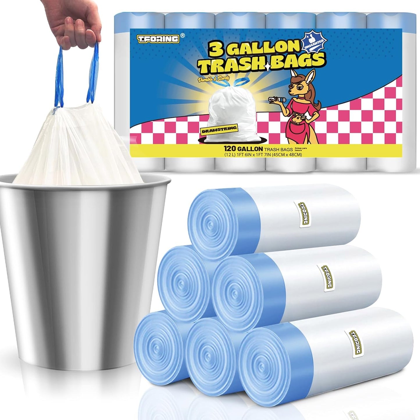3 Gallon Trash Bags Drawstring 0.96 Mil - 120 Count 12 Liter Small Garbage Bags for Bathroom, Strong White Unscented Plastic Wastebasket Bin Liners for Toilet Office and Bedroom