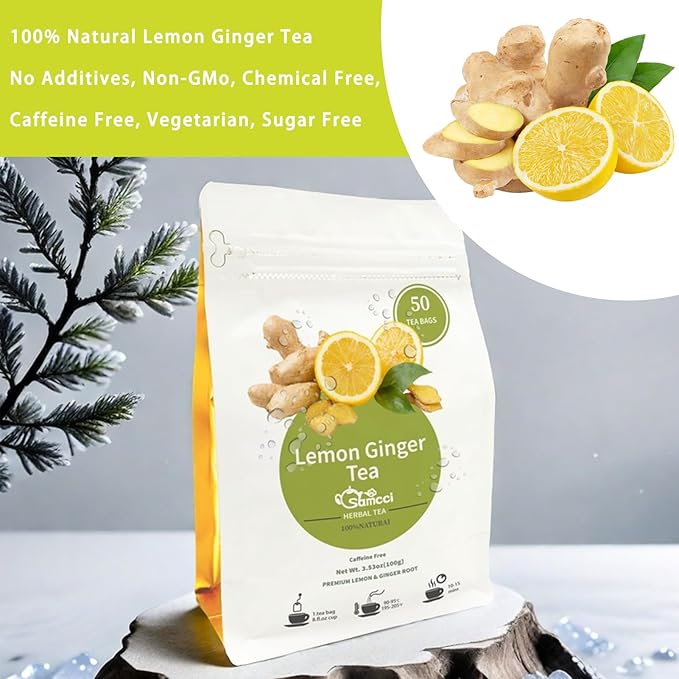 Samcci - Lemon Ginger Tea Bags, 50 Teabags - Great Hot or Iced – Aromatic, Natural, Pleasantly Spicy & Warming - Non-GMO - Caffeine-free - Support Healthy Digestion & Boost Immunity