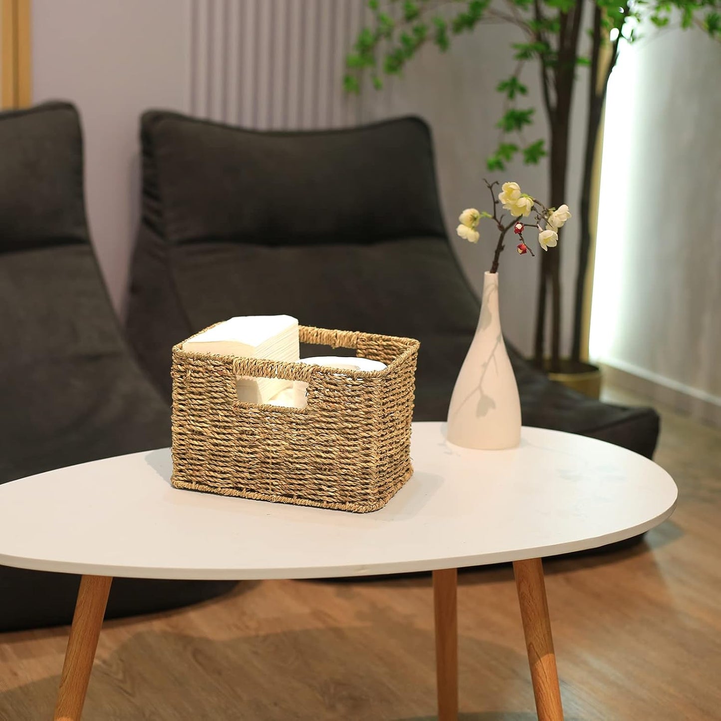 HOONEX Large Wicker Baskets for Storage, Seagrass Baskets with Dual Handles, Woven Baskets for Storage, Set of 3, Natural