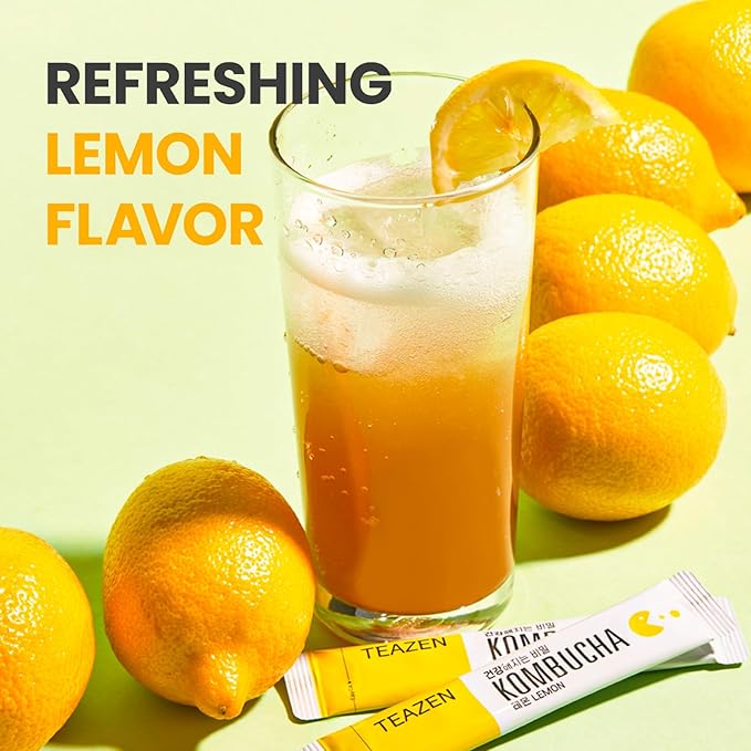 TEAZEN Lemon Kombucha Tea, Hydration Drink Mix, Sugar Free, Live Probiotics & Prebiotics, 30 Sticks, 5.29oz