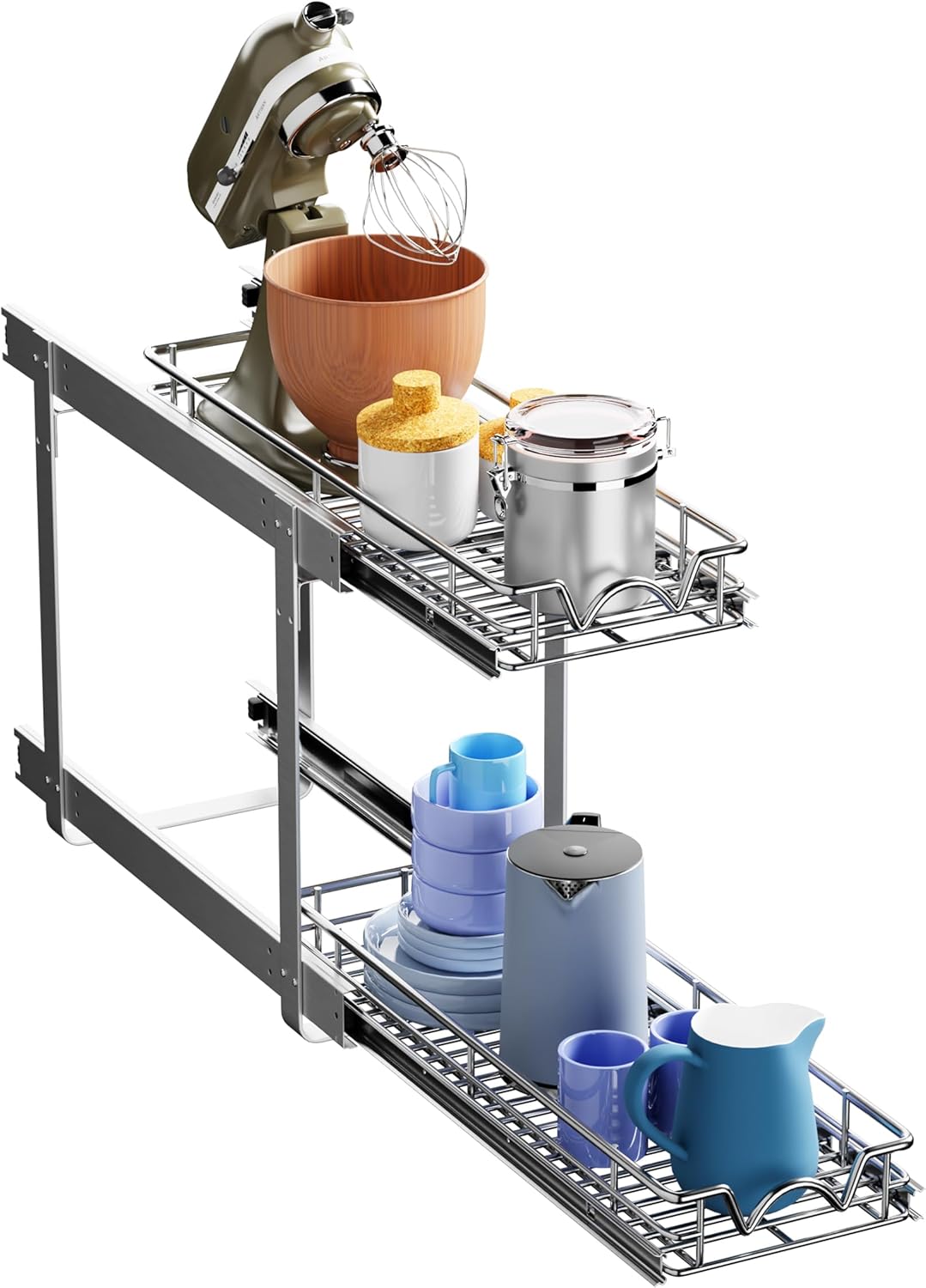 HOLDN’ STORAGE Two Tier Pull Out Cabinet Organizer, Individual Sliding Drawers - Heavy Duty Metal with Lifetime Limited Warranty - Anti Rust Chrome Finish - 8.5" W x 21”D x 16.5" H