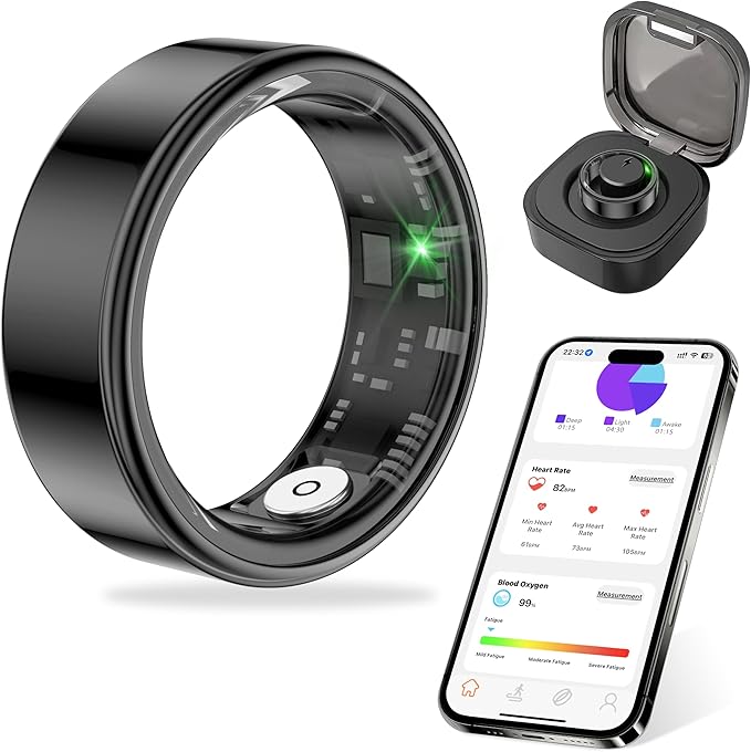 Thin Smart Ring for Fitness & Health Tracking -Pedometer,Sleep/Heart Rate/Blood Oxygen Monitor, Gesture Control / 5ATM Waterproof -No APP Subscription Compatible with Android& iOS (Black, 8)