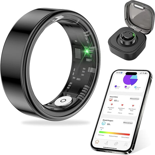 Thin Smart Ring for Fitness & Health Tracking -Pedometer,Sleep/Heart Rate/Blood Oxygen Monitor, Gesture Control / 5ATM Waterproof -No APP Subscription Compatible with Android& iOS (Black, 12)