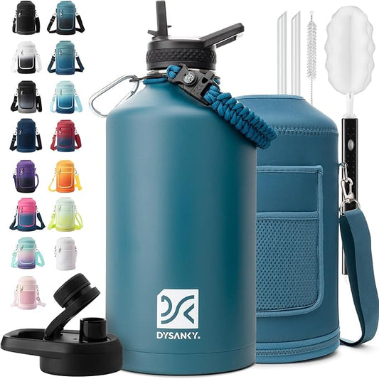 1 Gallon Water Bottle Insulated | Thickened Stainless Steel Vacuum Metal Water Jug | Portable Sports Large for Gym and Hiking with Straw, Carrier Bag, Handle Strap | BPA-Free 128 oz
