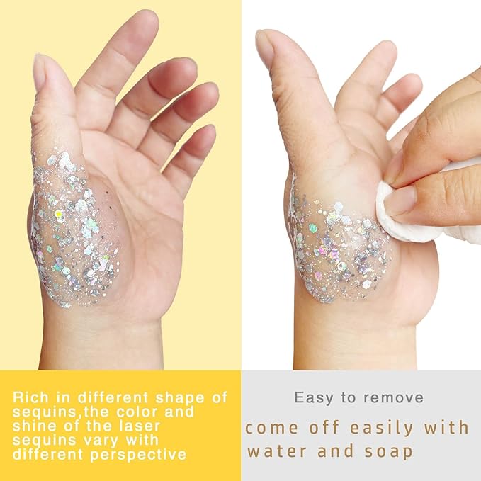 MEICOLY Clear White Face Body Glitter,Sparkling Chunky Hair Glitter,Mermaid Face Glitter,Intense Glitter Makeup,Body Glitter for Women and Girls
