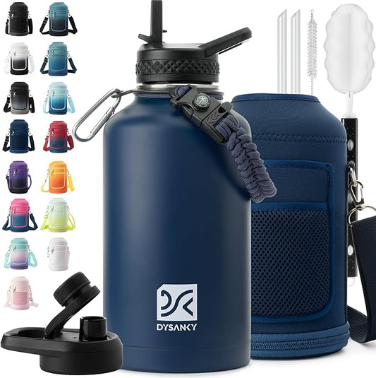Insulated Water Bottle | Thickened Stainless Steel Vacuum Metal | Portable Sports Half Gallon Large Water Jug for Gym and Hiking with Straw, Carrier Bag, Handle Strap | BPA-Free 64 oz