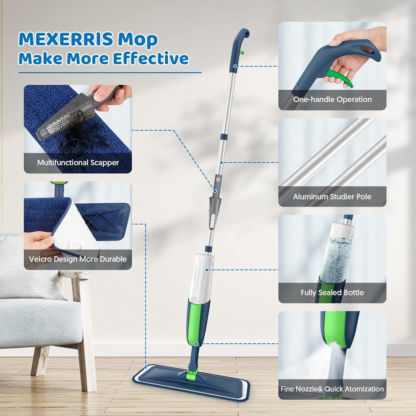 Spray Wet Mops with 5X Washable Pads Mops for Hardwood Floor Cleaning- MEXERRIS Wood Floor Mop Dust Dry Mops with 2X Bottles Commercial Home Use for Hardwood Laminate Vinyl Tiles Wood