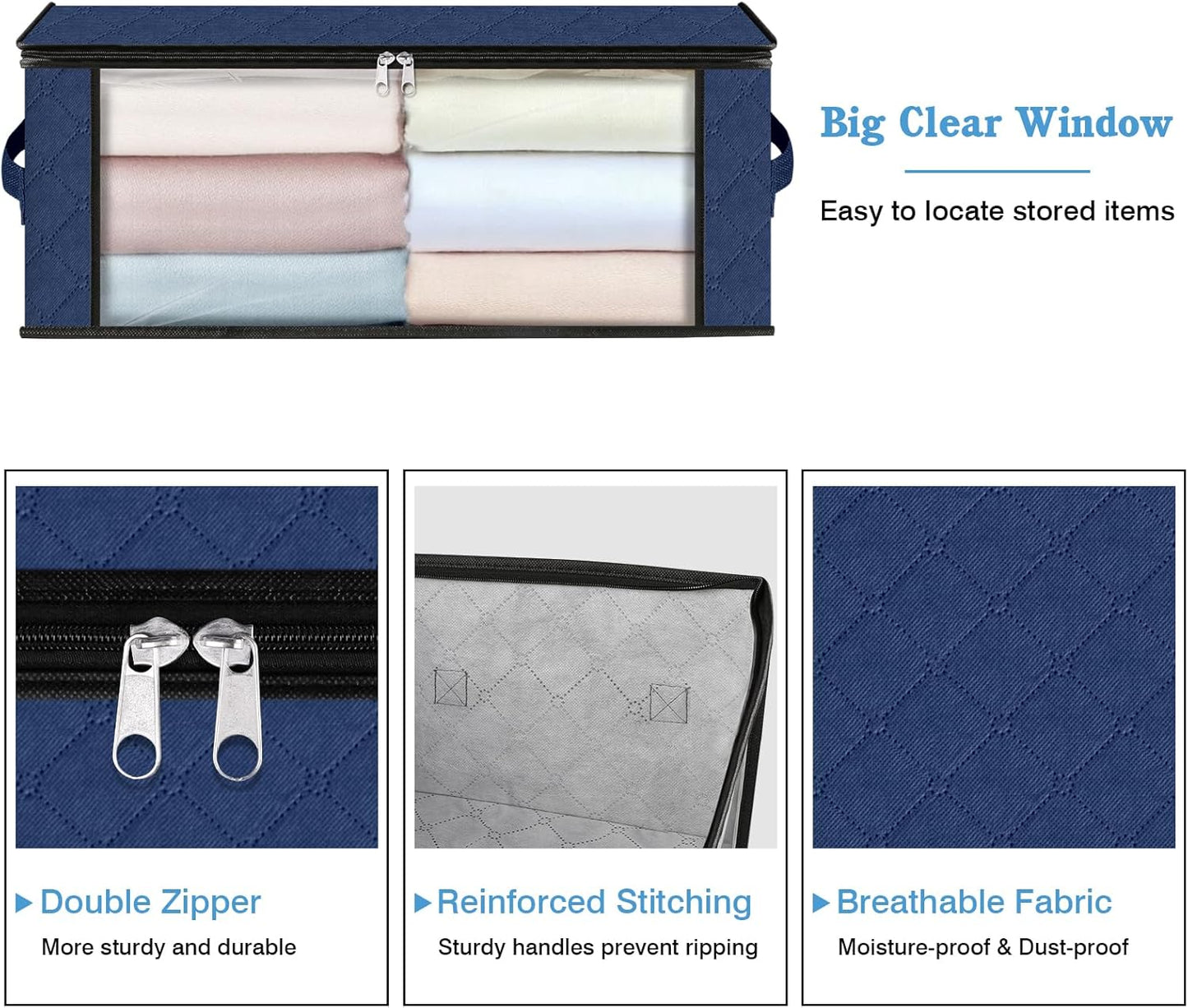 HomeHacks Storage 4-Pack Clothes Organizer Storage Bags Foldable Storage Box with Large Clear Window Sturdy Handles for Closet, Dorm, Pillows, Bedding, Clothes, Blankets, 35L, Blue