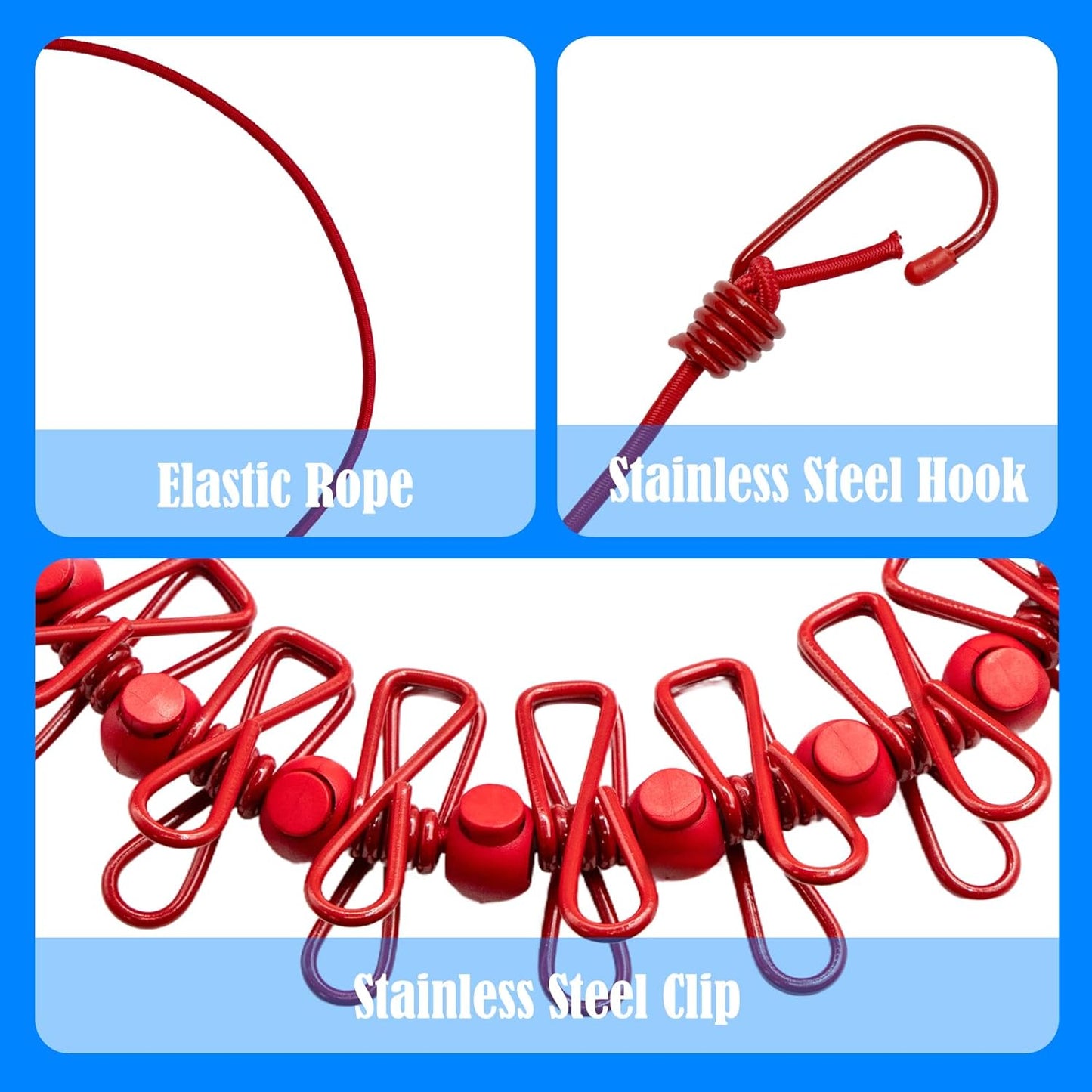 2 Pack Camping Clothesline Portable 12 Clothespins, Red Camping Accessories Travel Clothesline for Outdoor Indoor, Retractable Clothes Line Elastic Clothesline for Camper Hotel Room