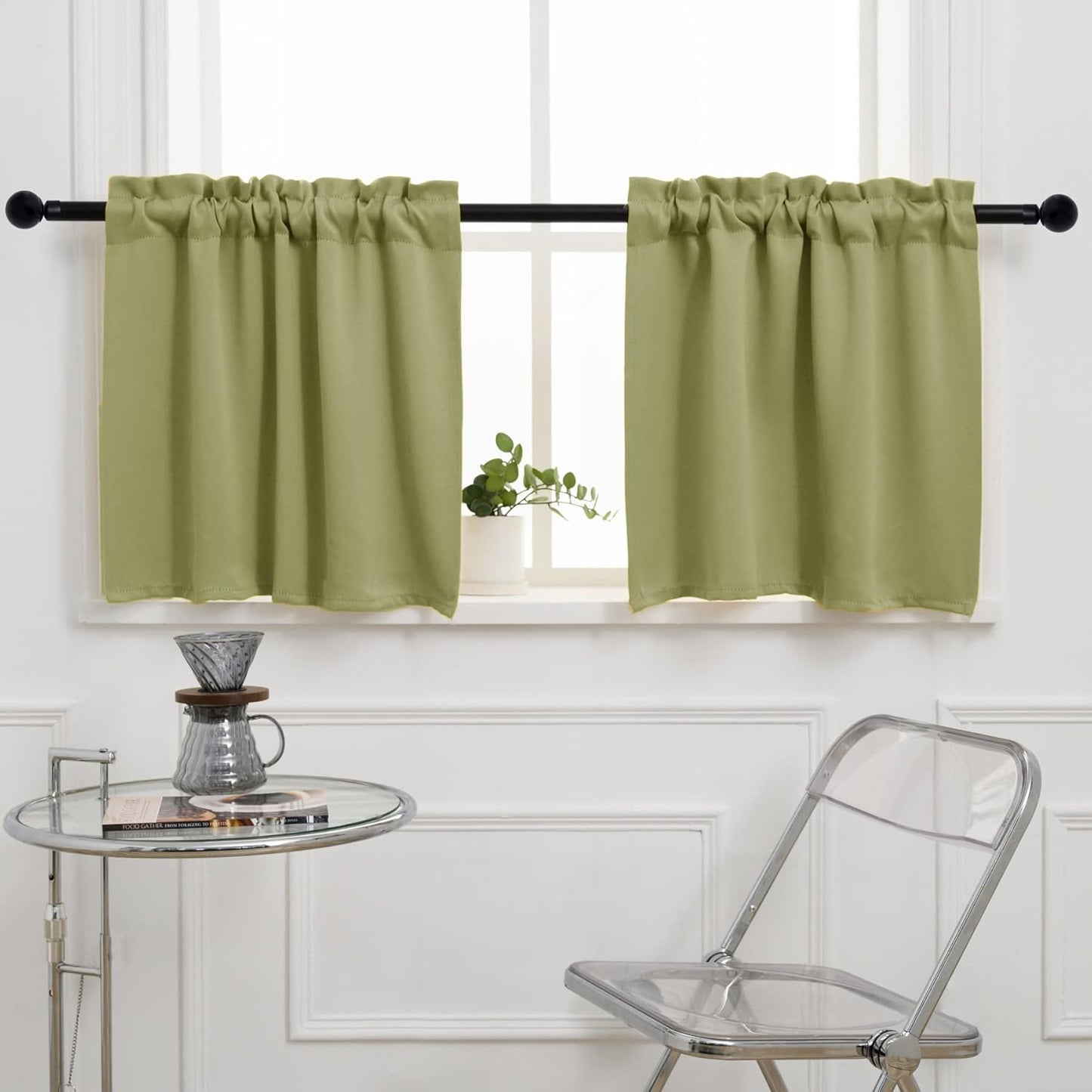 Pickluc Cafe Half Window Curtain - 36" Long, Rod Pocket Kitchen Curtain, Blackout for Small Window, 2 Panels, 30" x 36", Sage Green
