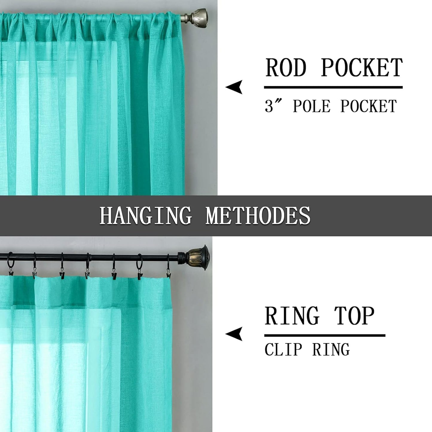 Tollpiz Sheer Curtains Linen Textured Living Room Curtain Sheers Light Filtering Rod Pocket Voile Curtains for Bedroom, 42 x 63 inches Long, Aqua Blue, Set of 2 Panels
