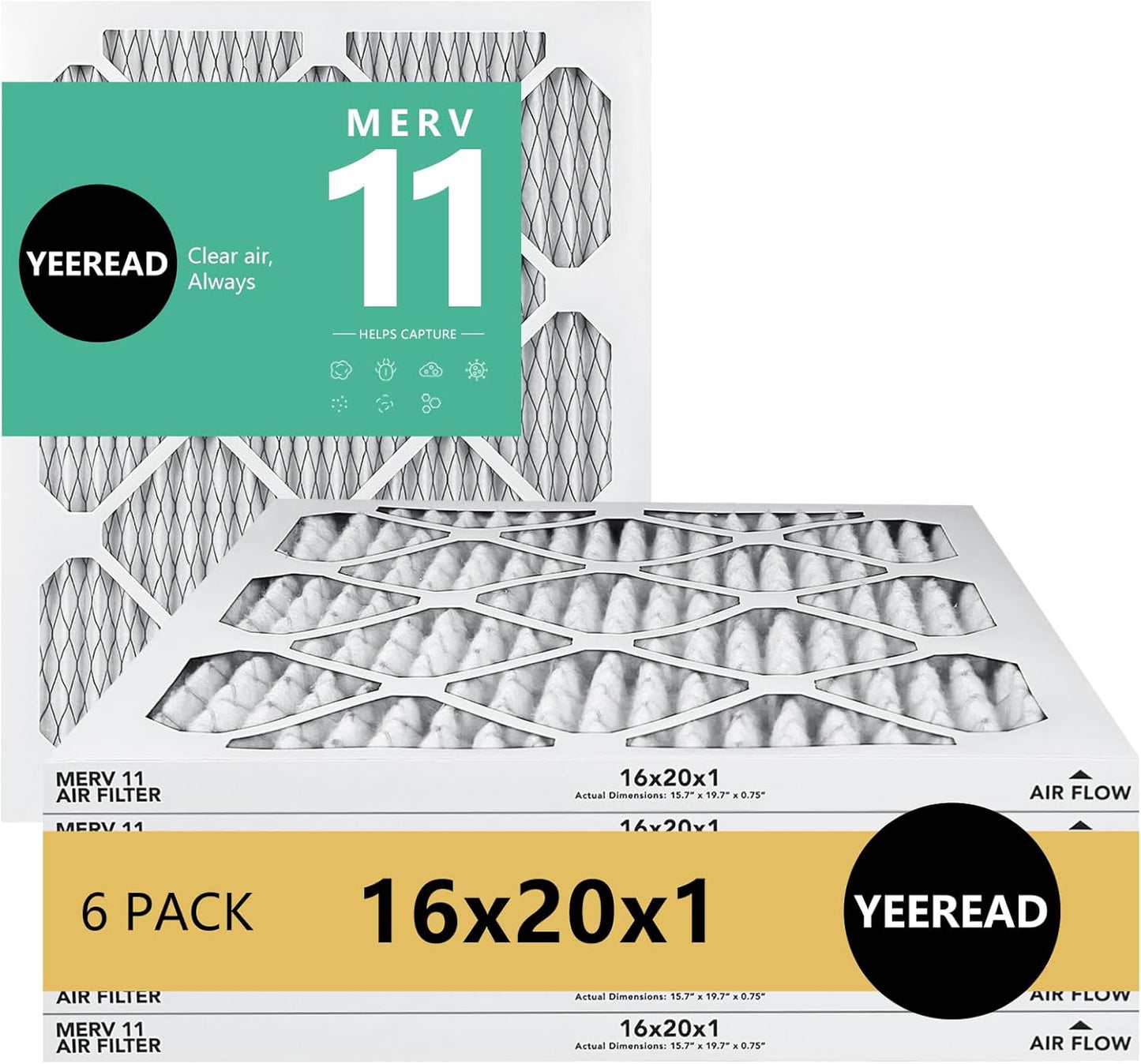16x20x1 Air Filter, MERV 11, 6-Pack | Actual Size 15.7x19.7x0.75 |Compatible with HVAC, Air Conditioners & Furnaces– High Particle Capture & Smooth Airflow