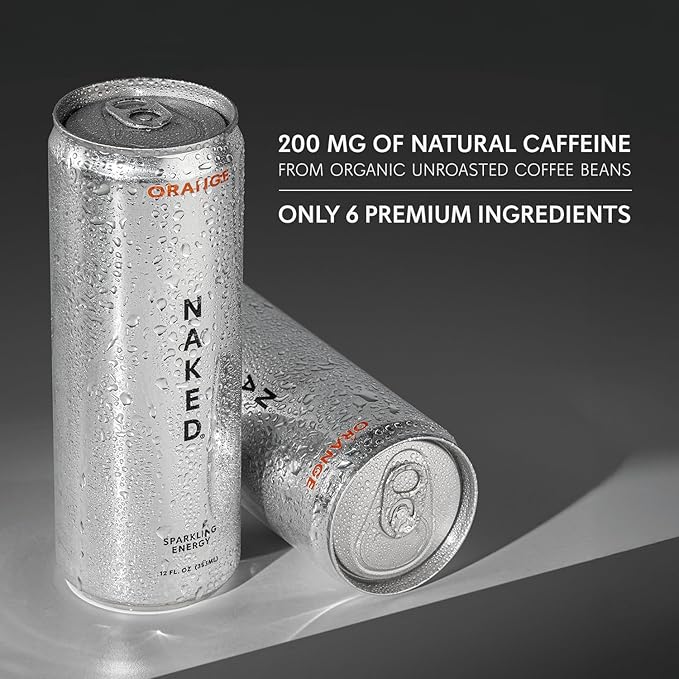 Naked Sparkling Energy Drink - Orange, Organic Caffeine, Organic Lemon Juice, Zero Sugar, No Sucralose, Naturally Sweetened, Natural Energy Drinks, Vegan, Gluten-Free, Non-GMO - 12oz Cans (Pack of 12)
