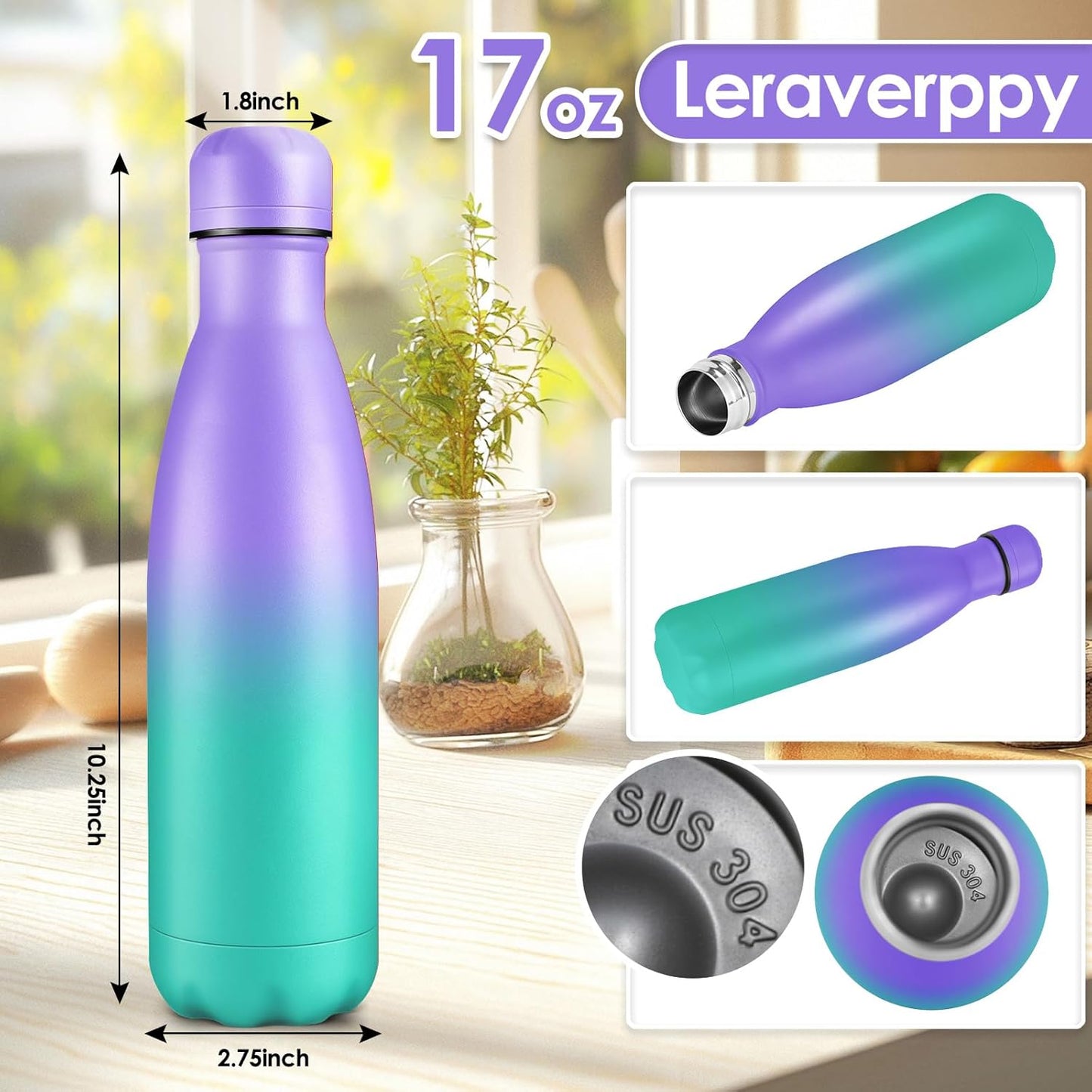 17oz Cola-Bottle Shaped Stainless Steel Leak-proof Water Bottle,Double Wall Vacuum Insulated Metal,Travel Mug For Sports Indoors & Outdoors,BPA-Free Kids Flasks,Purple Green(4Pack)