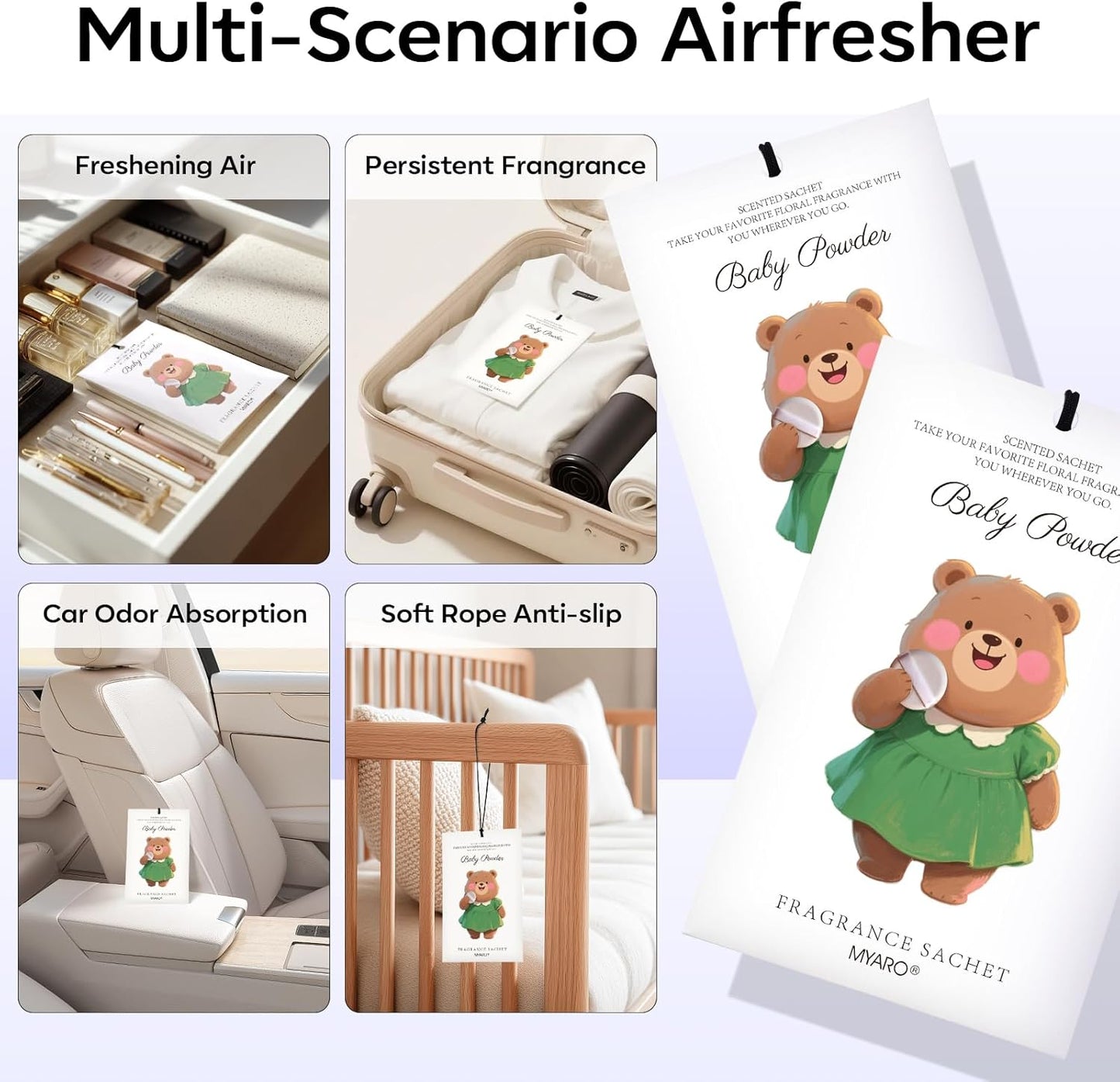 MYARO 12 Packs Baby Powder Scent Sachets Room Air Freshener for Closet Drawer Clothes Storage Small Space Odor Eliminator