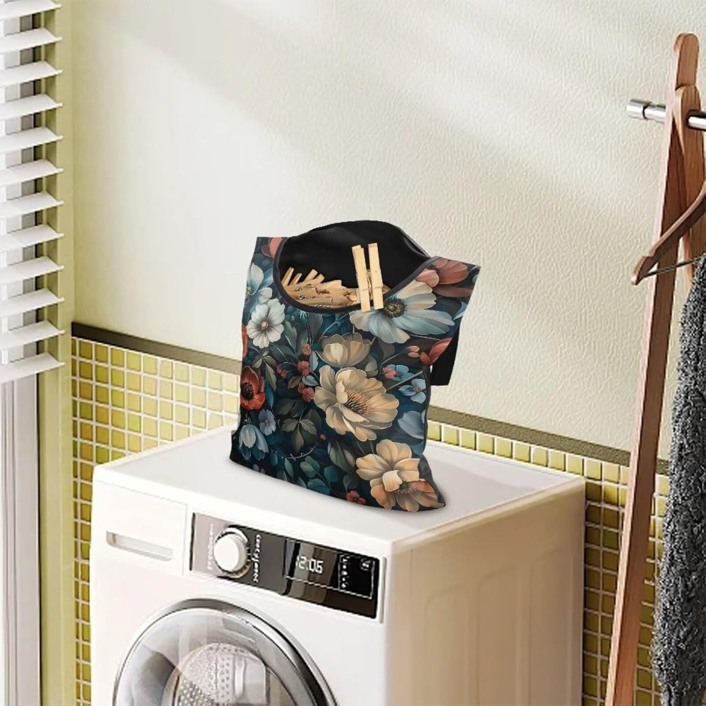 Art Flowers Clothes Pin Bag Holder - 14.5 x 12 Inch Lightweight Clothespin Bag for Easy Hang