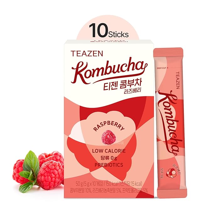 TEAZEN Raspberry Kombucha Tea, Hydration Drink Mix, Sugar Free, Live Probiotics & Prebiotics, 10 Sticks, 1.76oz