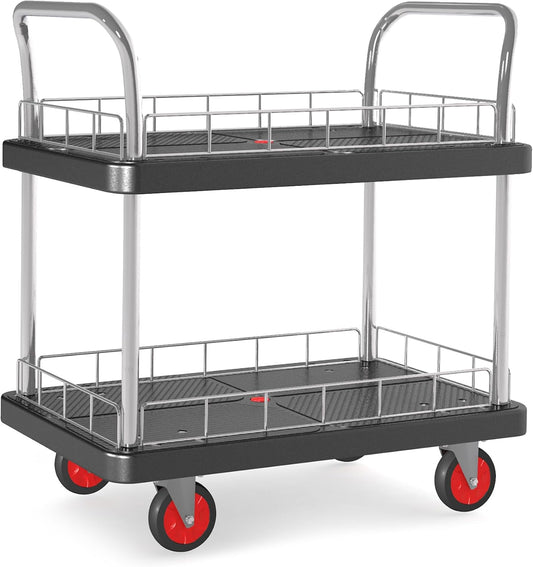 2 Shelf Utility Service Cart- 660lbs Capacity Heavy-Duty Plastic Rolling Utility Carts with 4 of 360° Swivel Wheels and Handle, Large Service Cart for Groceries,Warehouse,Garage 34.6''x 22.8''