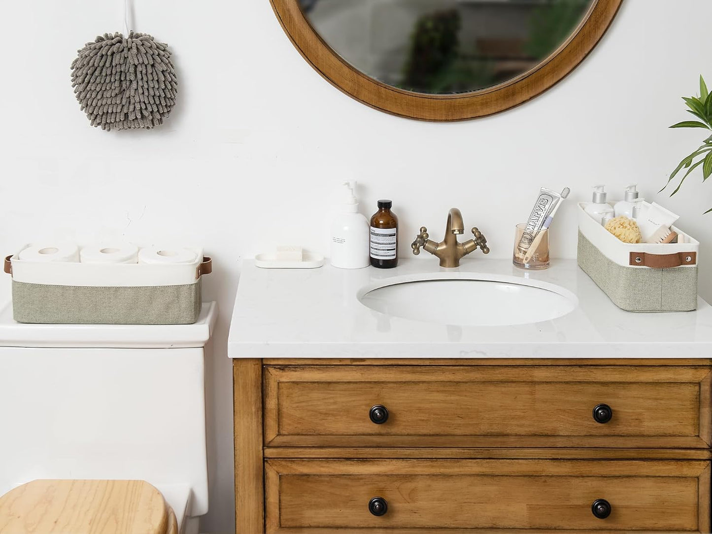 StorageWorks Narrow Storage Bins, Small Basket for Closet and Shelves, Fabric Organizer with Handles, Toilet Paper Storage, Green and White, 2-Pack