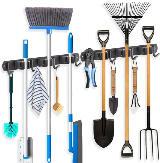 ZONGOOL 2 Pack Mop Broom Holder Wall Mount, Broom Organizer Storage Tool Racks Stainless Steel Self Adhesive Heavy Duty Hooks for Home Kitchen Garden (3 Racks with 4 Hooks, Black)