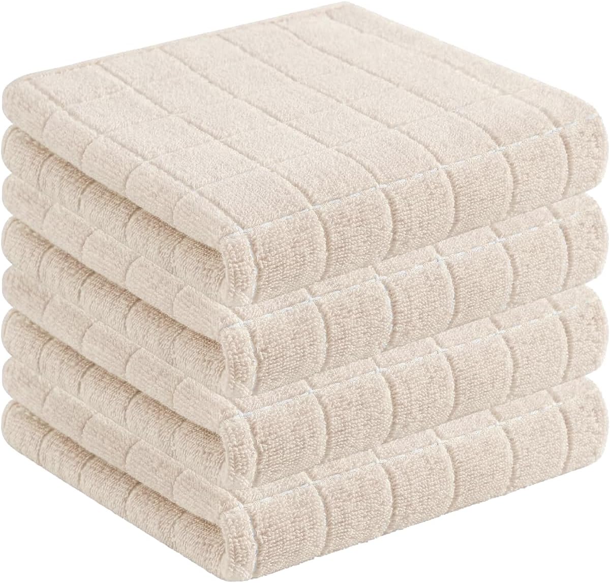 Homaxy 100% Cotton Terry Kitchen Towels(Beige, 13 x 28 inches), Checkered Designed, Soft and Super Absorbent Dish Towels, 4 Pack