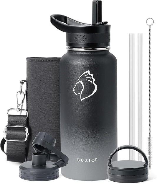 BUZIO 32 oz Water Bottle Insulated with Straw & 3 lid and Carrying Pouch, Leak Proof Anti-Slip Stainless Steel Water Flask Jug, Cold for 48 Hrs Double Vacuum Thermo Canteen, BPA-Free, Shadow