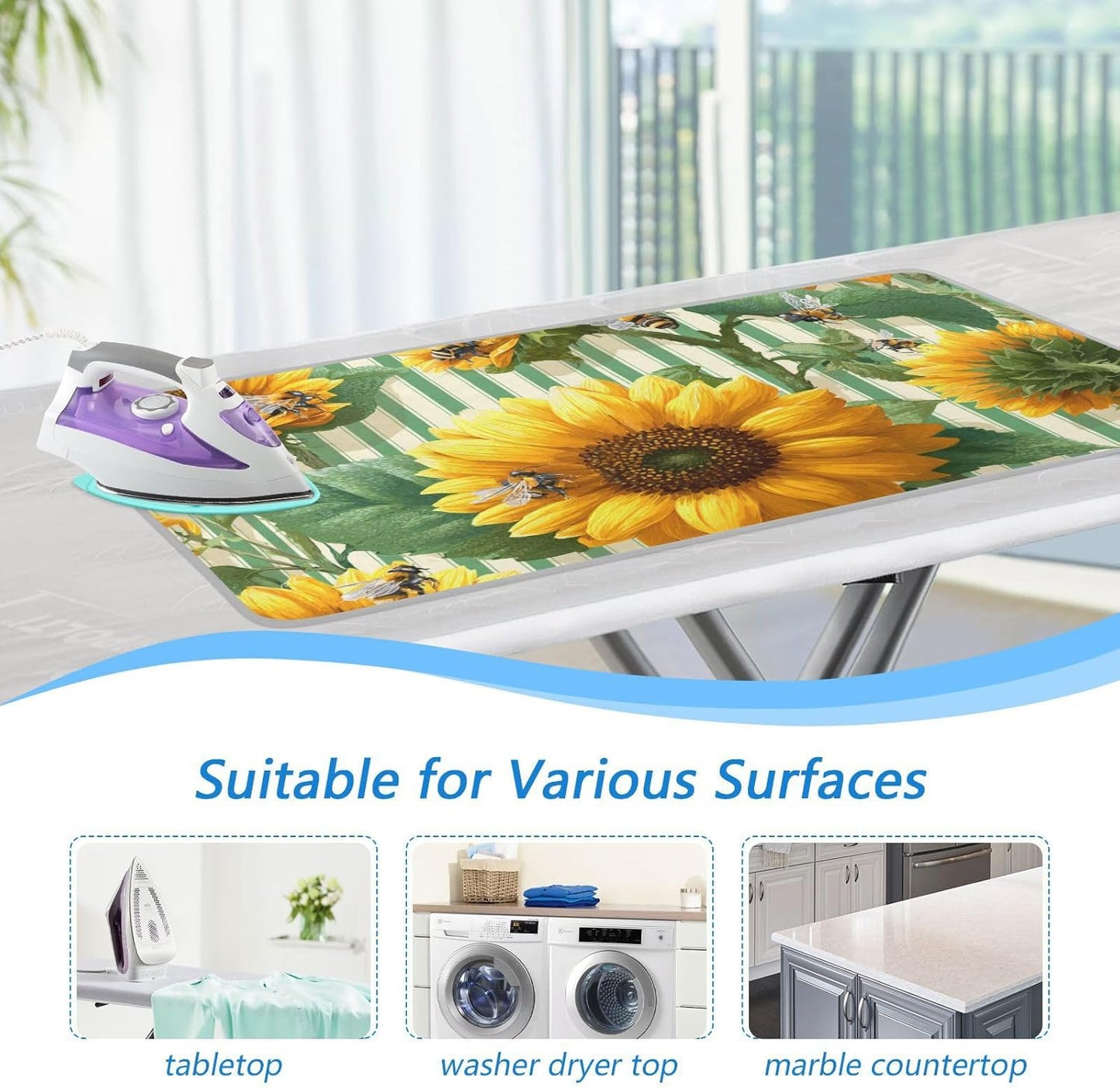 Green Striped Sunflowers and Bees Ironing Mat for Table top Portable Ironing Pad Blanket for Washer Dryer Countertop Travel
