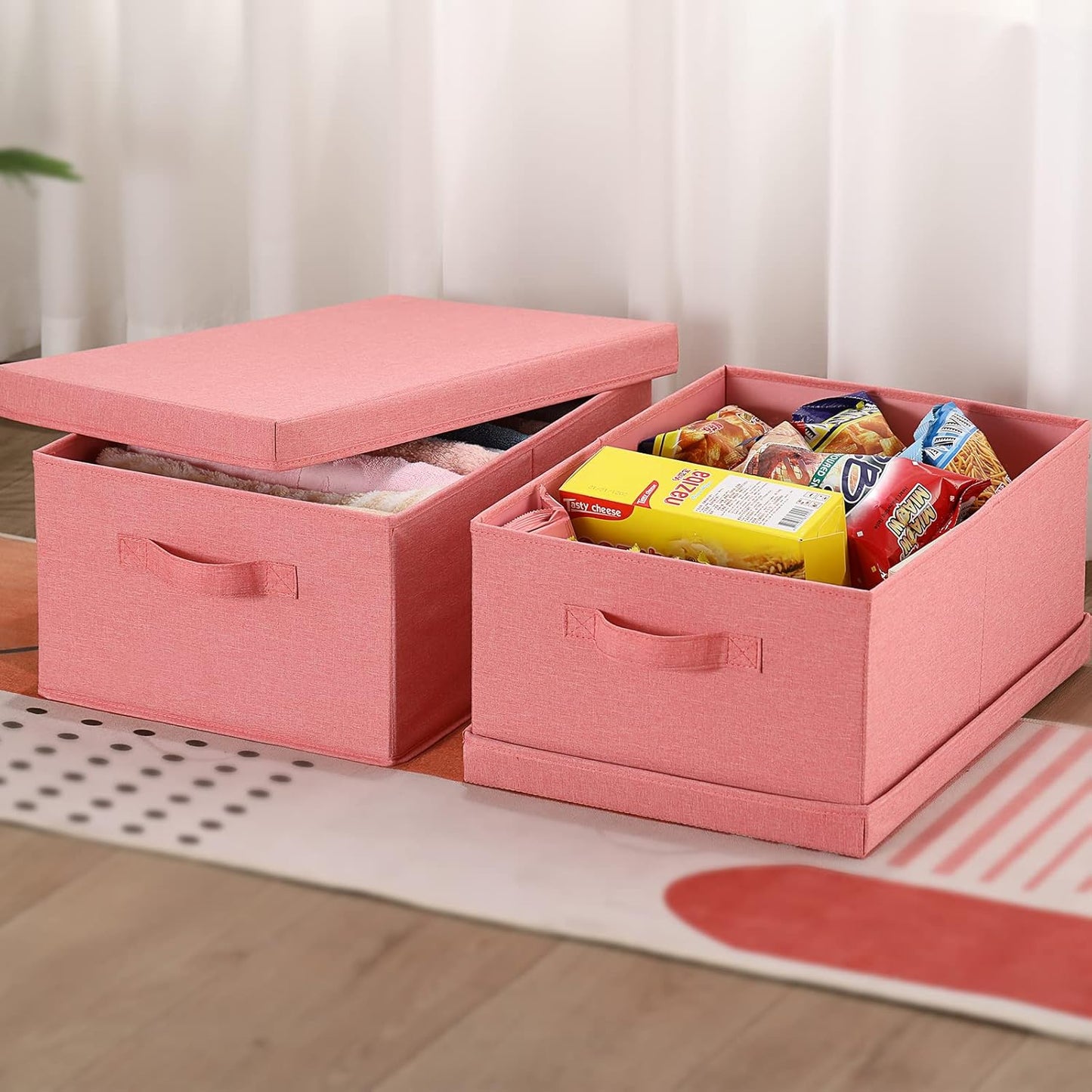 HOONEX Linen Foldable Storage Bins with Lids, 2 Pack, Storage Boxes with Carrying Handles and Sturdy Heavy Cardboard, 16.5" L x 11.8" W x 7.5" H for Shoes, Books, Clothes, Nursery, Pink