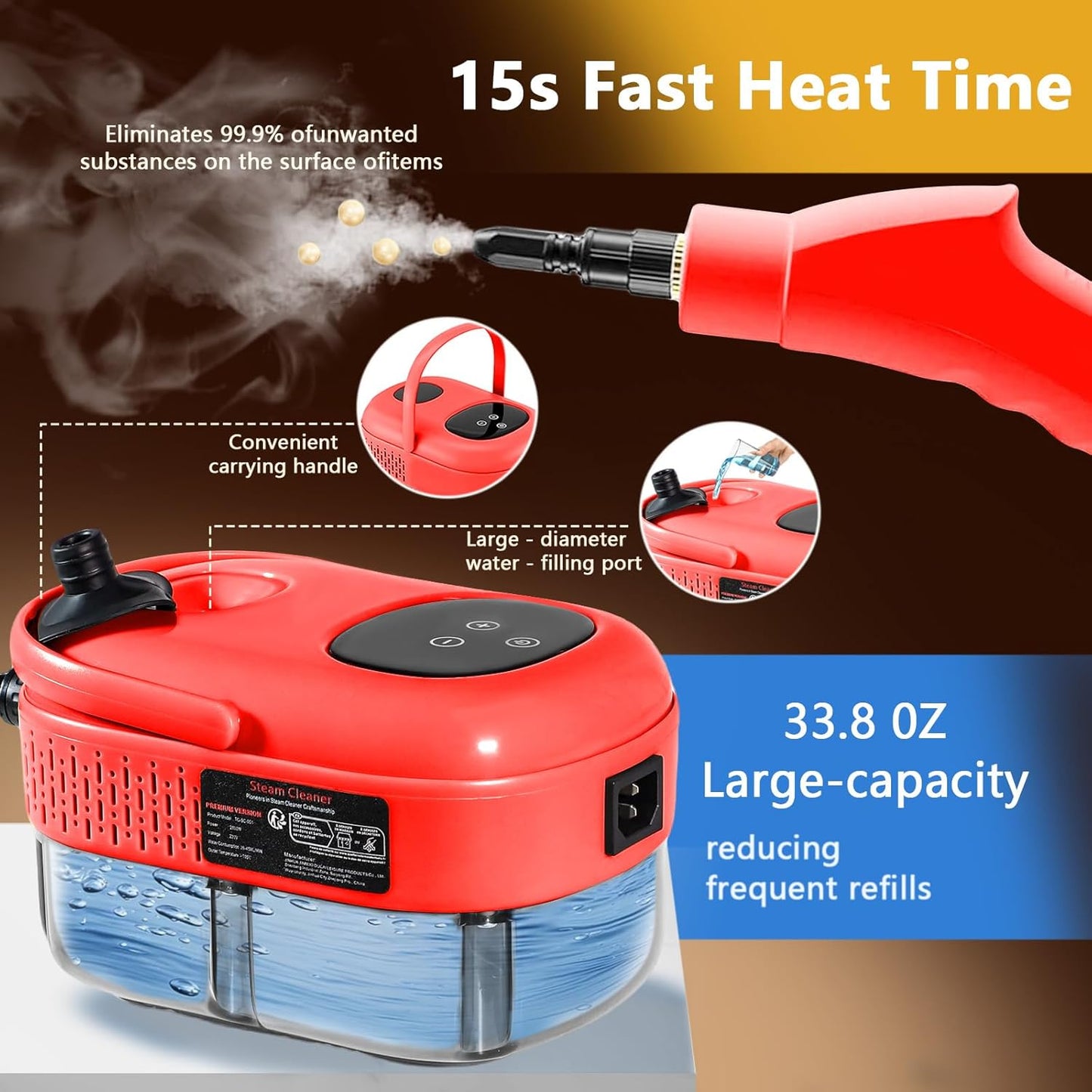 Handheld Steam Cleaner, 1000ml Water Tank, 15S Heat-up Time, Multipurpose Steamer for Home Use, Pressurized Steamer for Cleaning Floor, Upholstery, Grout and Car Red