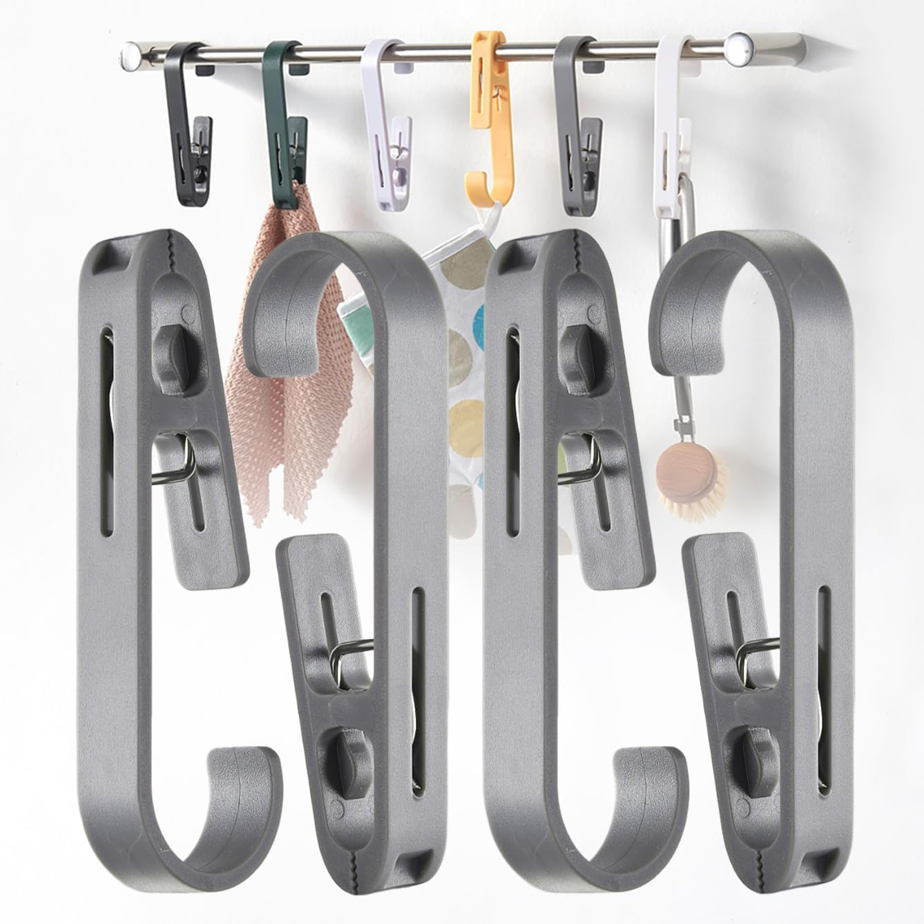 iBetterLife Clothes Pins Laundry Hooks - Heavy Duty Outdoor Towel Hanger with Clips for Hanging Socks Boot Bras Shower Pegs Closet Organizer Clamps for Bathroom Wardrobe Kitchen Office, 4Pcs Gray