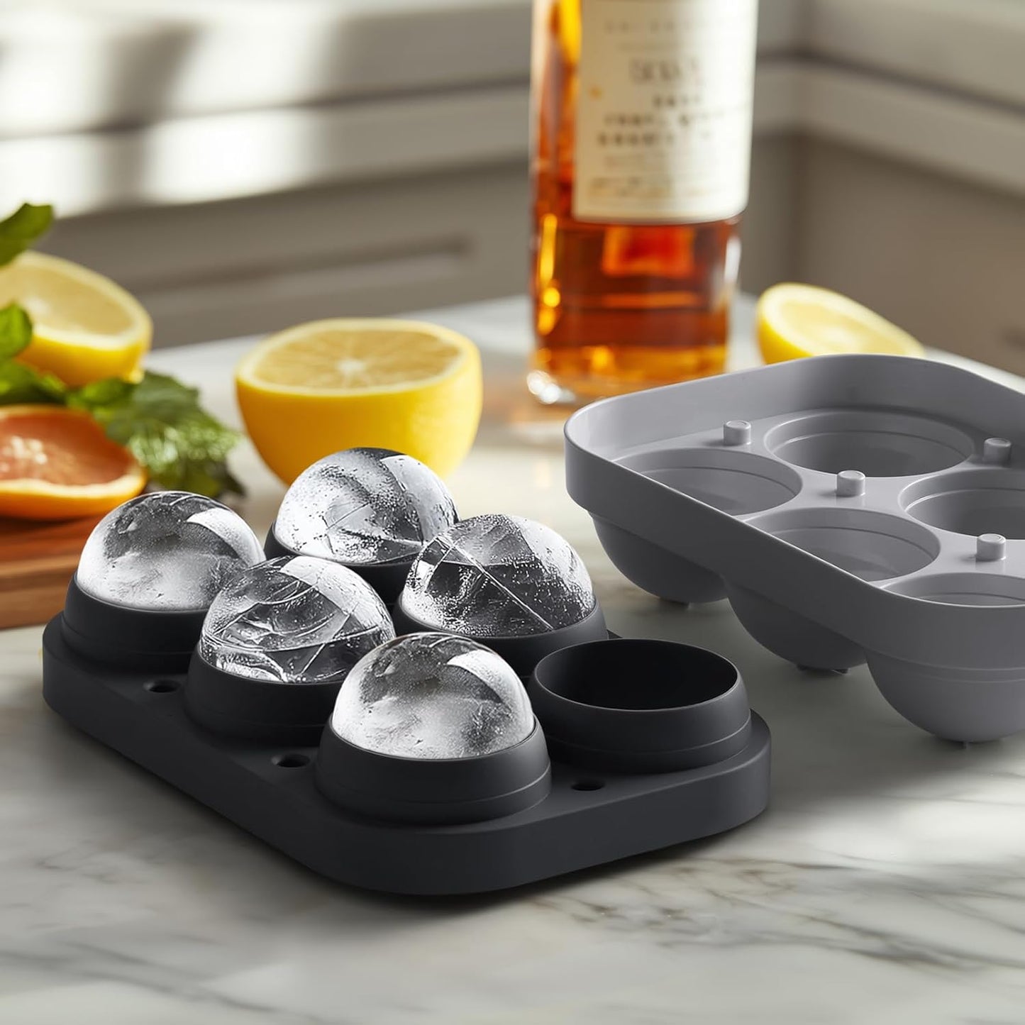 2.5inch Spherical Ice Ball Tray For Whiskey, Big Ice Freezer Mold for Cocktails，Easy Fill In & Release Ice Cube Mold, Durable &Reusable Spherical Ice Maker (Steel Grey)