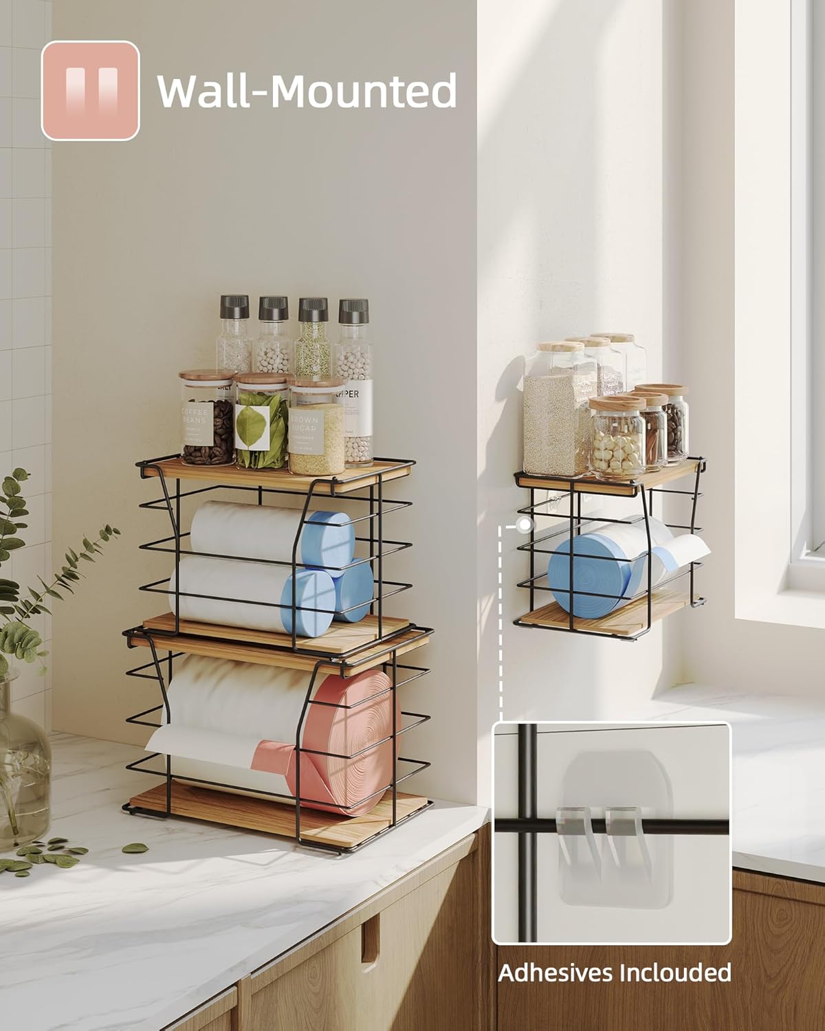 3 Pack Trash Bag Holder/Dispenser, Stackable Storage Laundry Kitchen Organizers for Countertop Organization, Wall Mount Garbage Bag Dispenser with wooden Top, No Drill