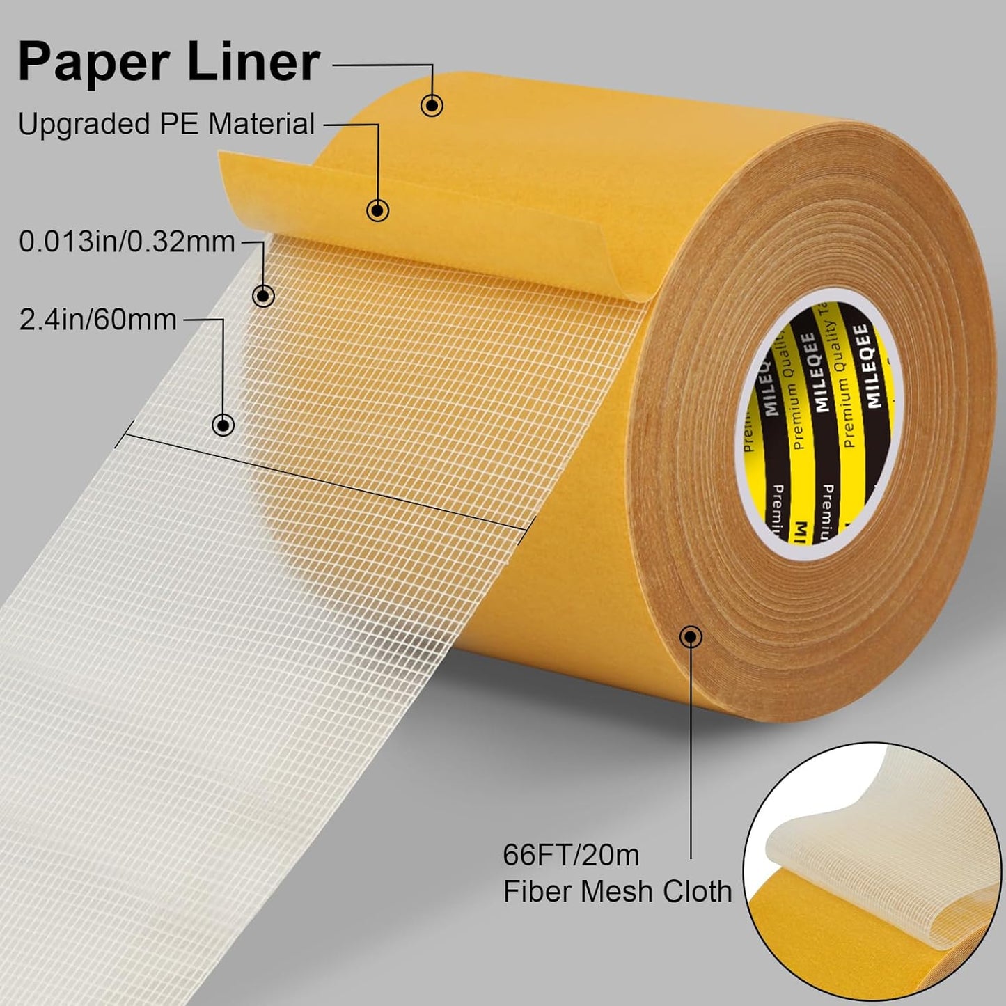 Double-Sided Mesh Carpet Tape Heavy Duty, 2.4in x 66FT (20m), Large Durable Duct Cloth Tape, High Stickiness Strong 2 Sided Tape for Rugs, Removable Multipurpose Tape, Easy Tear