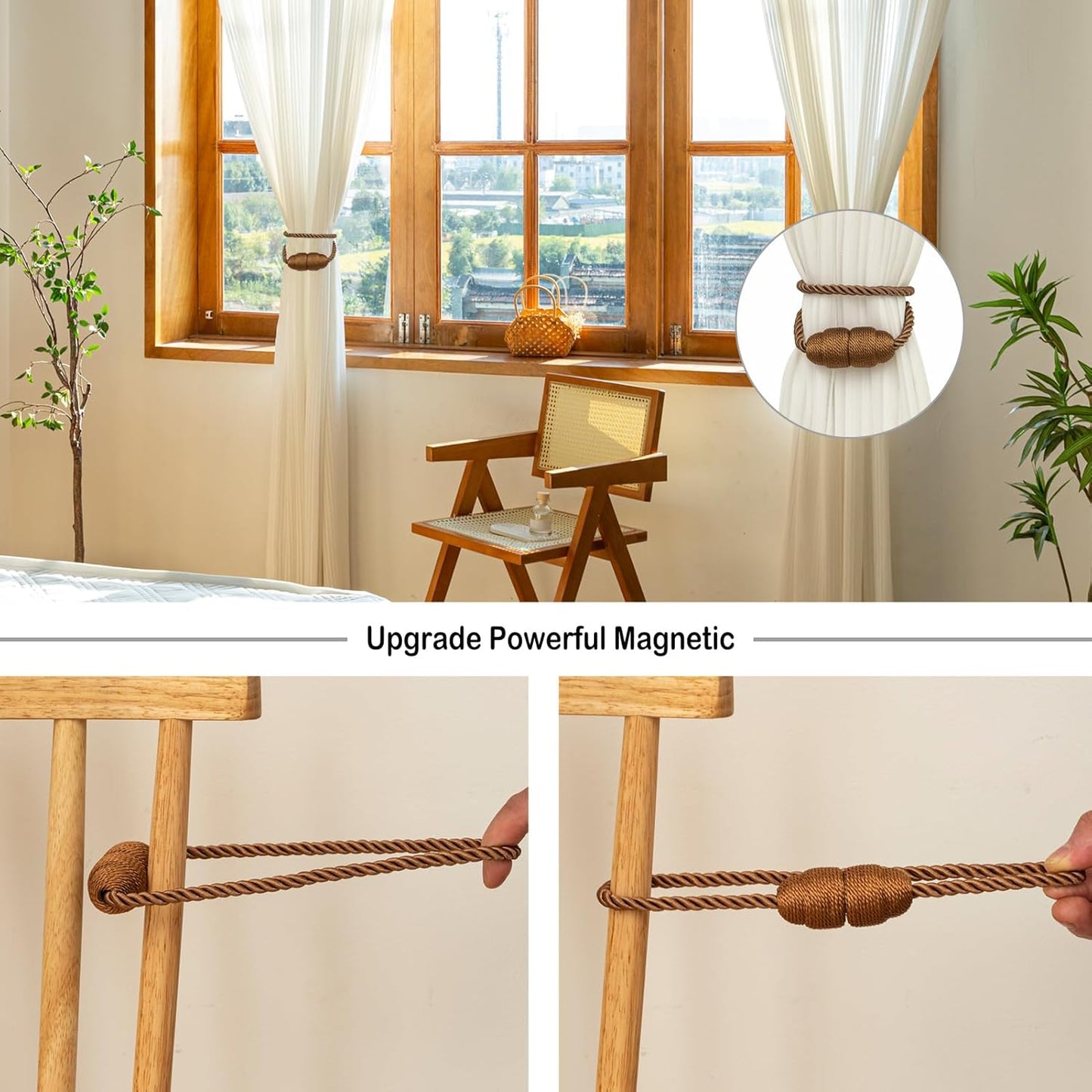 Magnetic Curtain Tiebacks Rope Curtain Tie Backs for Curtains 8 Pack Curtain Holders for Drapes Decorative Window Curtain Holdbacks, Khaki
