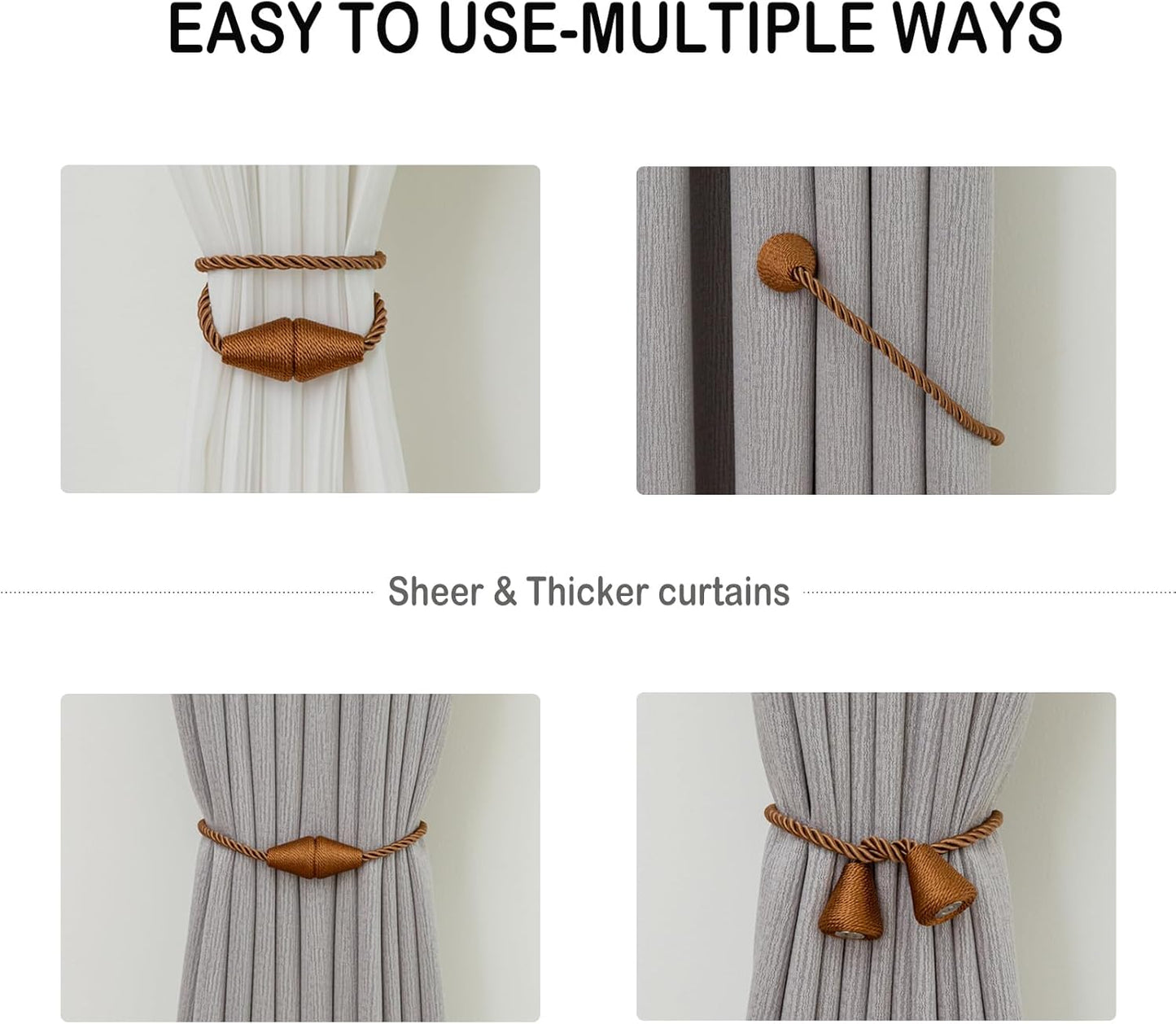 Magnetic Curtain Tiebacks 8 Pack Outdoor Rope Curtain Tie Backs Decorative Window Treatment Holdbacks for Home Decorative Curtain, Khaki