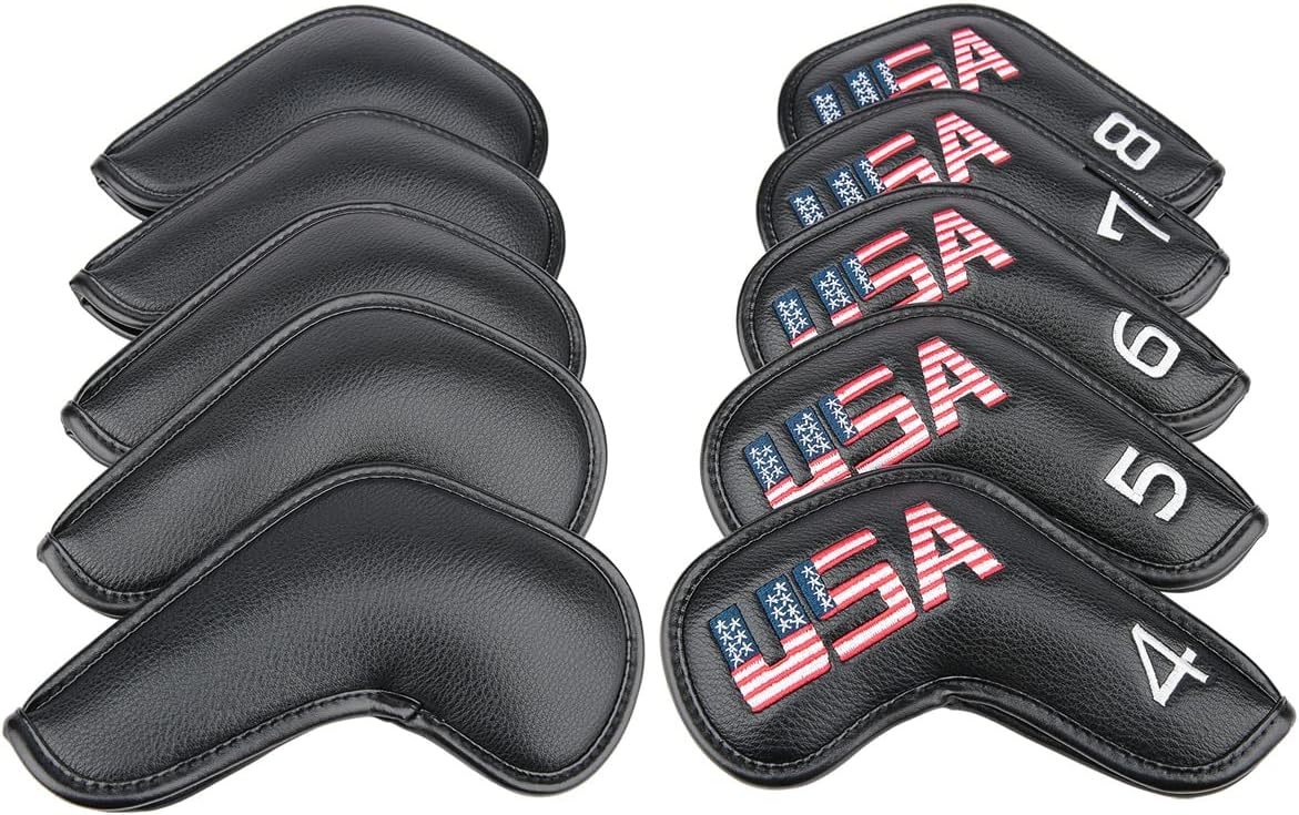 Golf Builder Black Leather USA Golf Club Iron Wedge Head Covers Fit All Brands