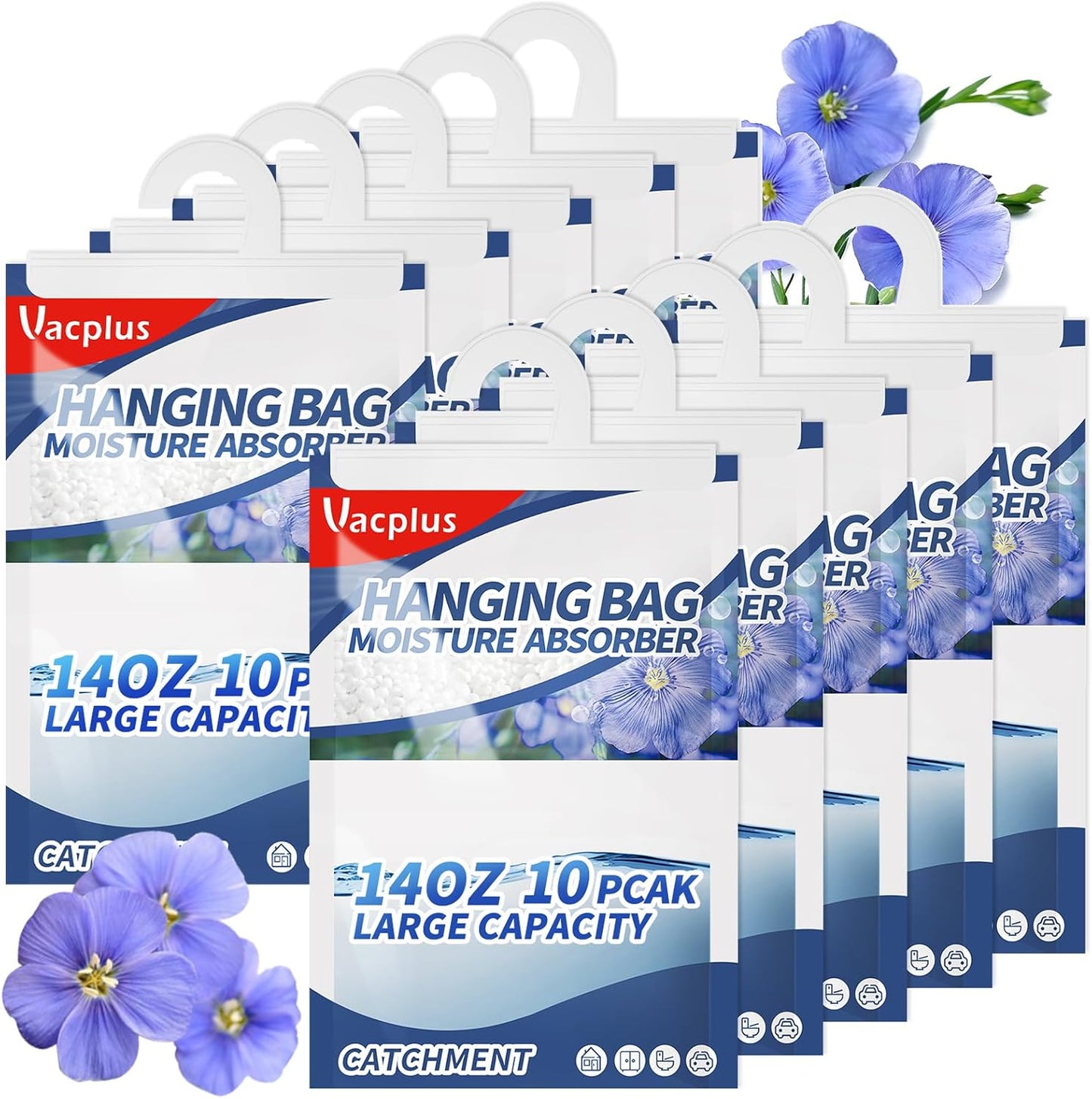 Vacplus Moisture Absorbers, Hanging Closet Dehumidifier Bags, Humidity Packs, Desiccant, Closet Dehumidifiers with Linen Fragrance, 10 Pack, 14.0 OZ