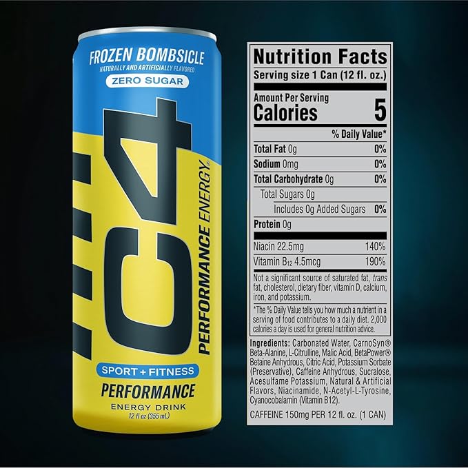 C4 Energy Drink 12oz (Pack of 12) - Frozen Bombsicle - Sugar Free Pre Workout Performance Drink with No Artificial Colors or Dyes