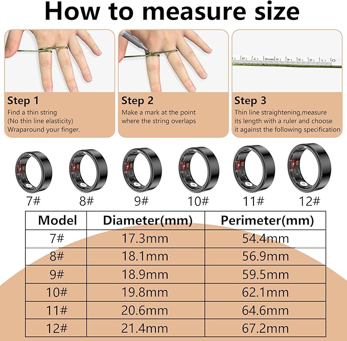 Thin Smart Ring for Fitness & Health Tracking -Heart Rate/Blood Oxygen Monitor, 5ATM Waterproof, Sleep Analysis, Pedometer -No APP Subscription Compatible with Smartphone (Black, 10)