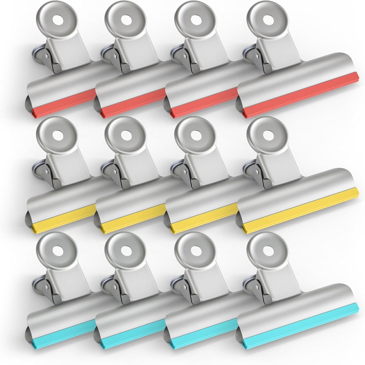 HOUSE AGAIN 12 Pack Stainless Steel Chip Bag Clips Covered with Silicone NO More Sharp Edges, Bulldog Clips for Food Bags Air Tight Seal, Heavy Duty Binder Paper Clips for Kitchen and Office, 3 Inches