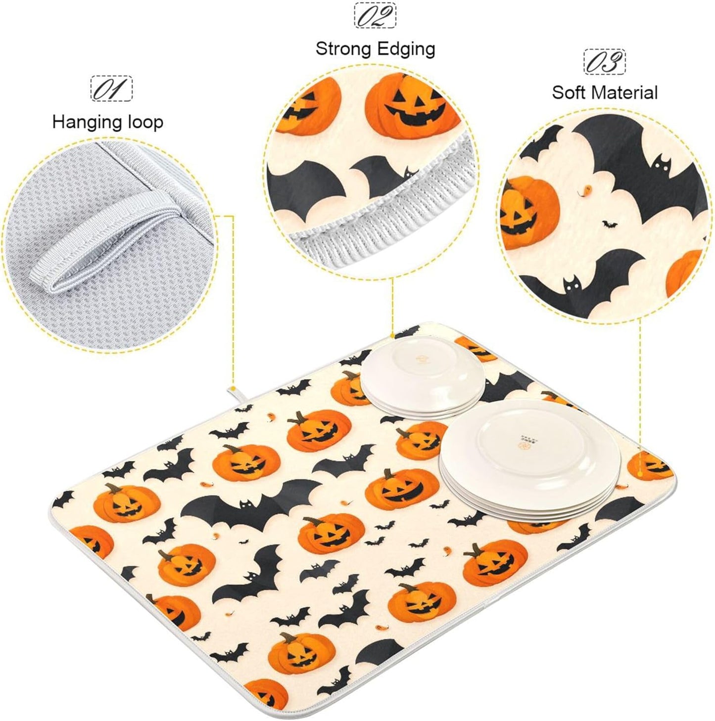 Halloween Black Bat Dish Drying Mat for Kitchen Countertop 18x24 Spooky Evil Pumpkin Lantern Large Drying Mat Reusable Quick Dry Dish Sink Mats Easy Clean Decorative Essentials