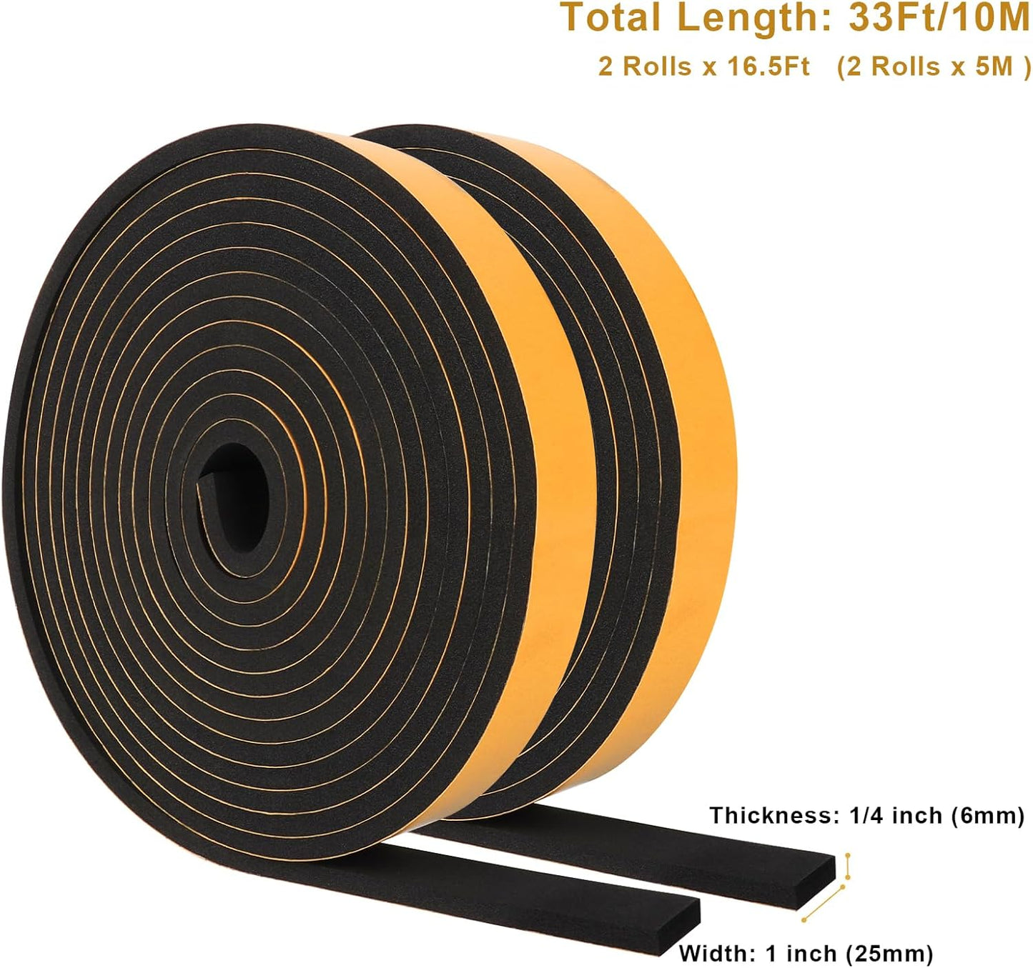 Weather Stripping Self Adhesive 1 in x 1/4 in, Weatherproof Foam Insulation Tapes Soundproof, High Density Seal Strips for Door Window, Easy Cut to Size, 2 Rolls Total 33Ft