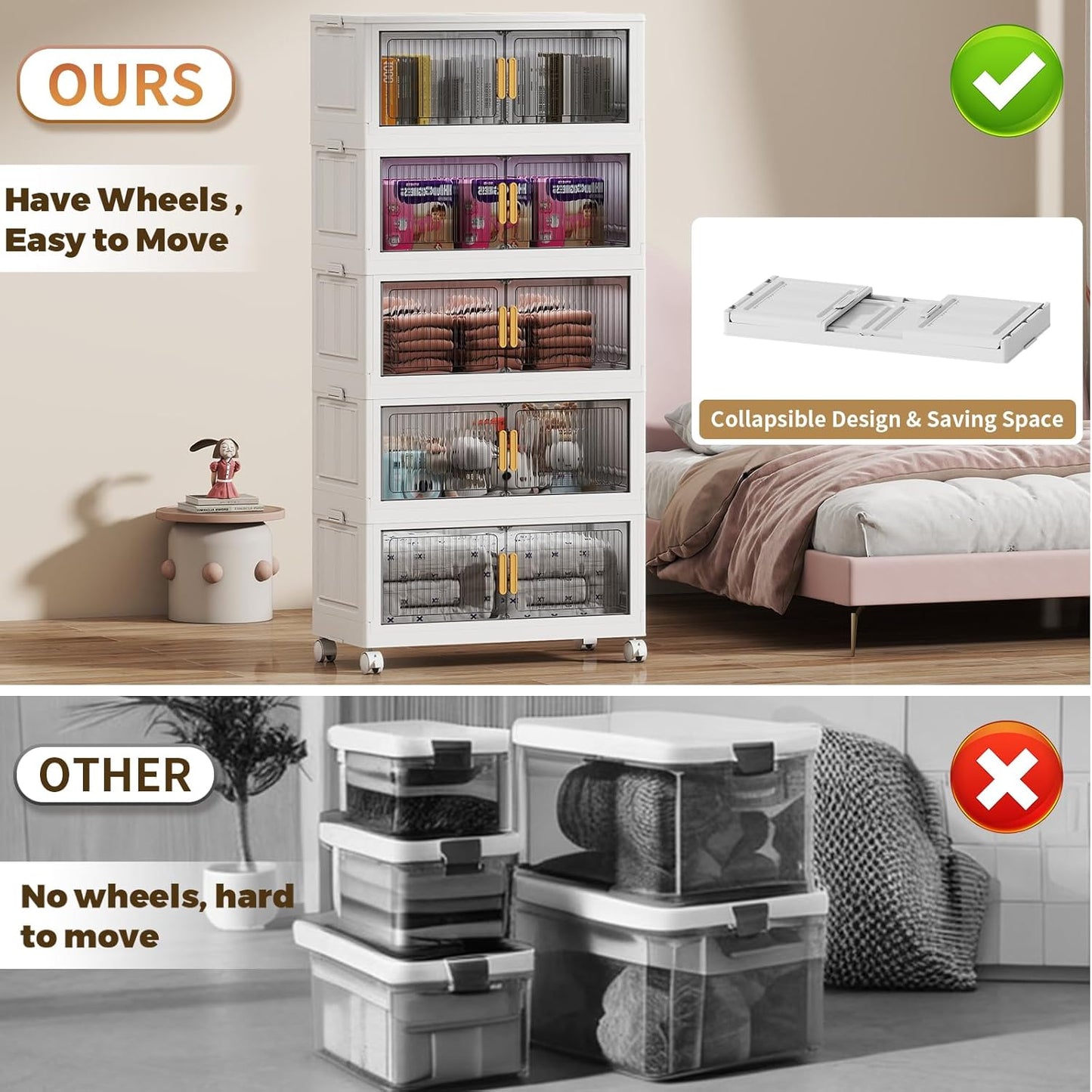 125Gal Stackable Plastic Storage Bins with Lids, Collapsible Closet Organizers and Storage with Wheels for Living Room,Office,Dorm, 30.5" W x 14.6" D x 64.6" H, 5 Tier