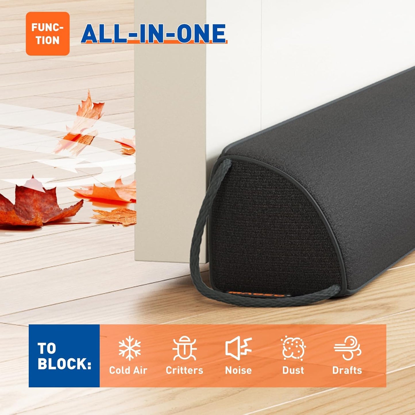 MAGZO Door Draft Stopper 30 Inches, Weighted Triangular Door Snake for Winter Noise Blocker with Hook Loops,Black