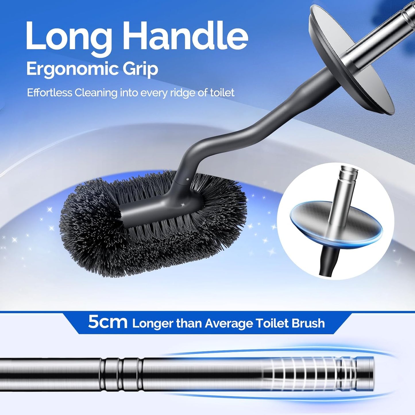 HAMITOR Toilet Brush and Holder Set: 304 Stainless Steel Heavy Duty Bowl Cleaner Brush - Deep Cleaning Under Rim Curved Bristle - Space Saving Wall-Mounted for Home RV Bathroom Accessories Silver